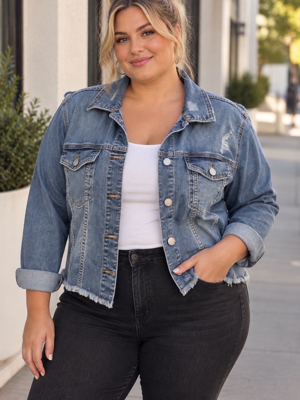 EVRI medium-wash blue denim jacket in a trendy cropped silhouette with distresse